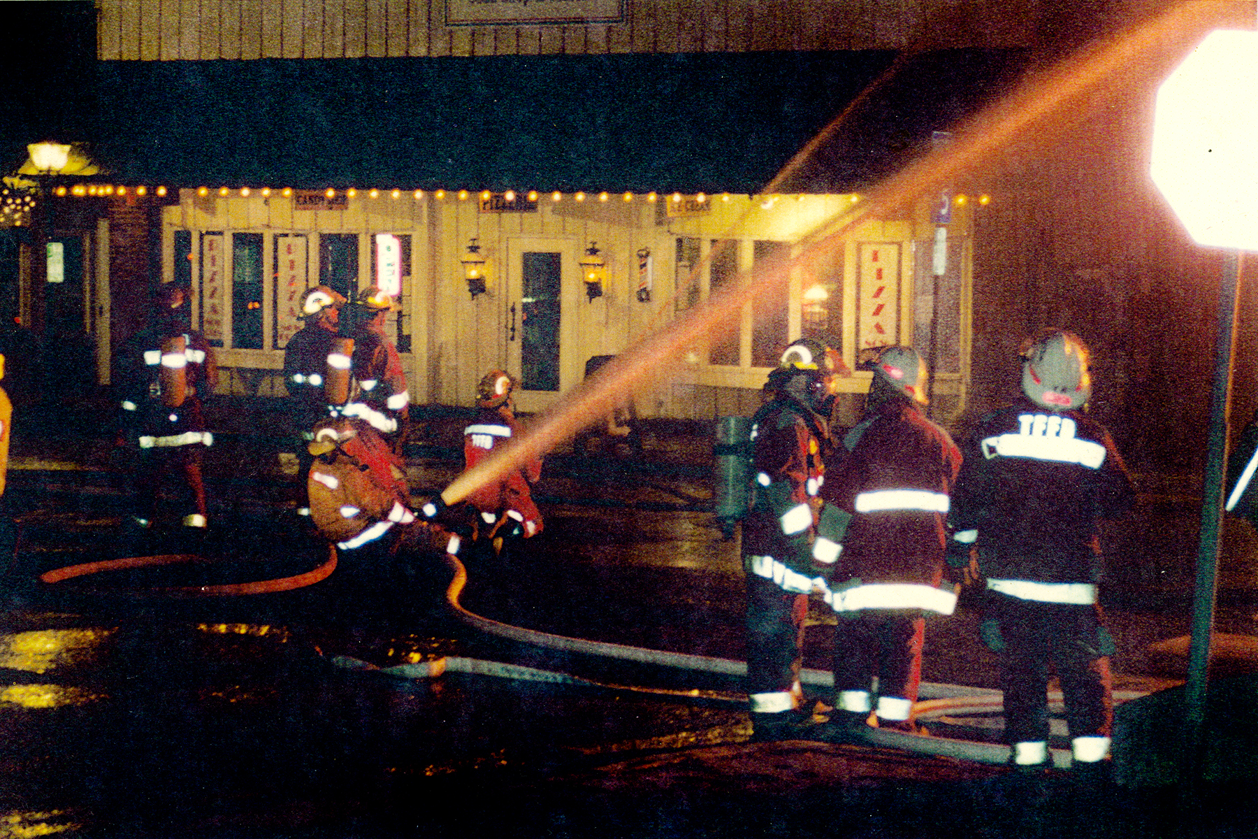 Livery Mall fire 2002. Taylors Falls Fire Department extinguishing the blaze.